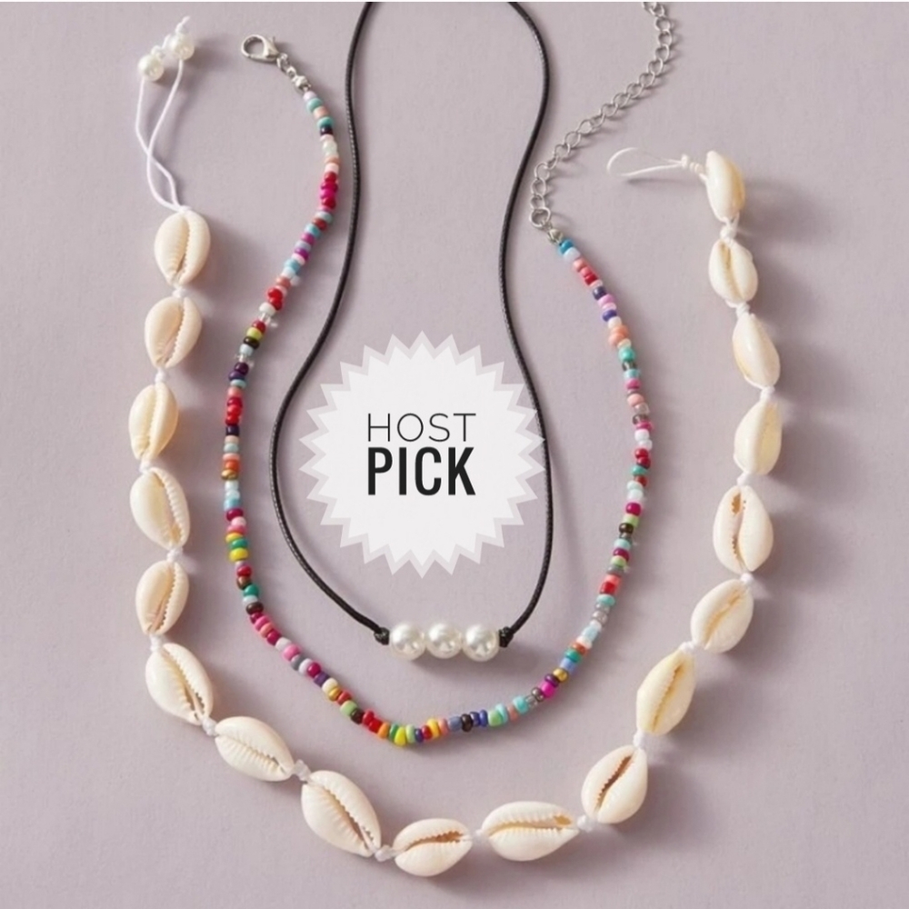 Multicolored Beaded Necklace with Puka Shells & a Wire Pearl Necklace
